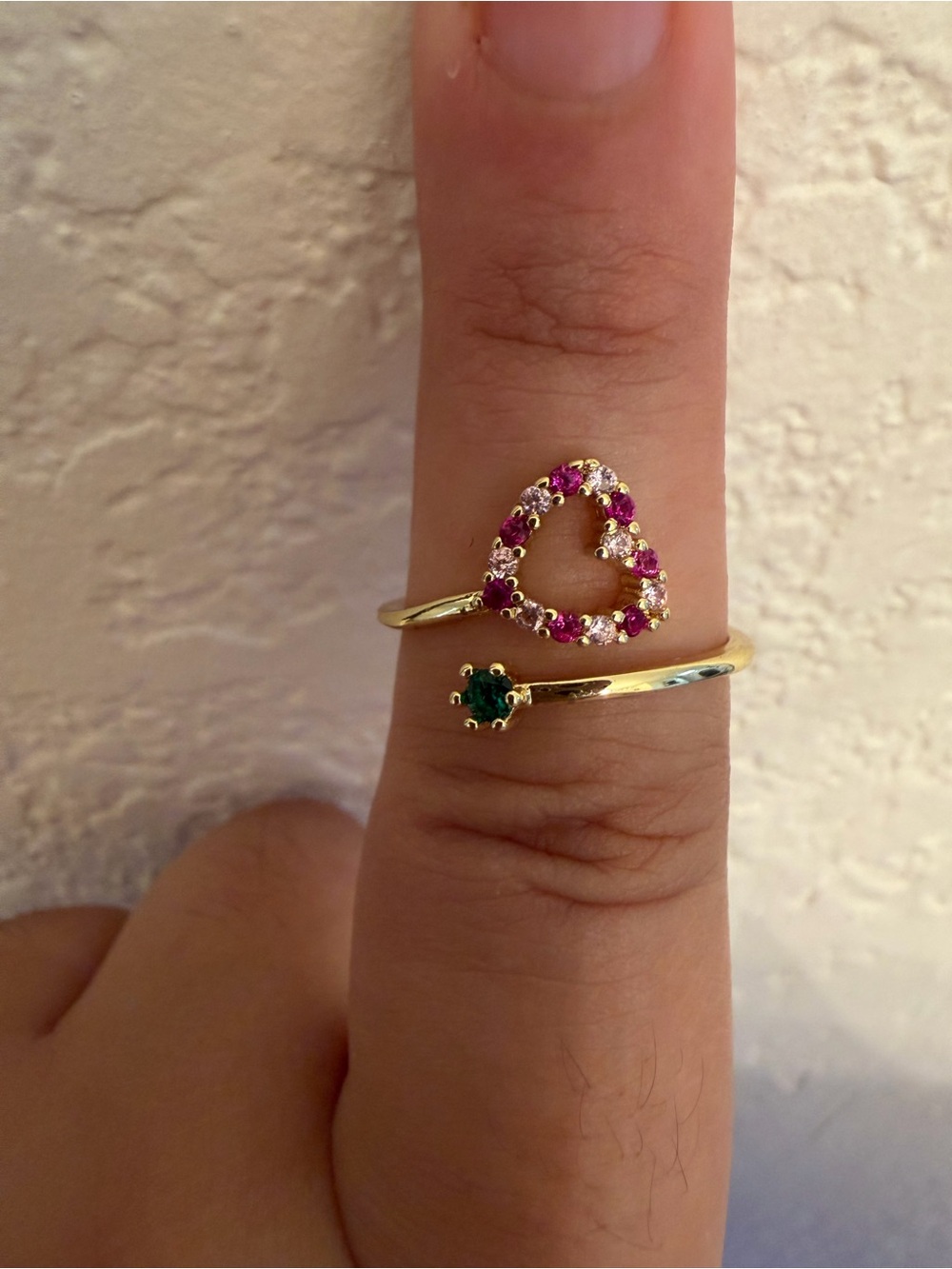 Gold Heart Open Ring with Pink Stones and Emerald Accent - Adjustable Size 6-8